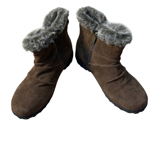 Khombu Brown Suede Ankle Boots Faux Fur Trim Women's Size 8M - Picture 1 of 12